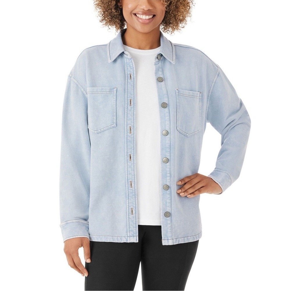 Members Mark Shirt Women Medium Blue Acid Wash Denim‎ Relaxed Soft Knit Button - Picture 2 of 14